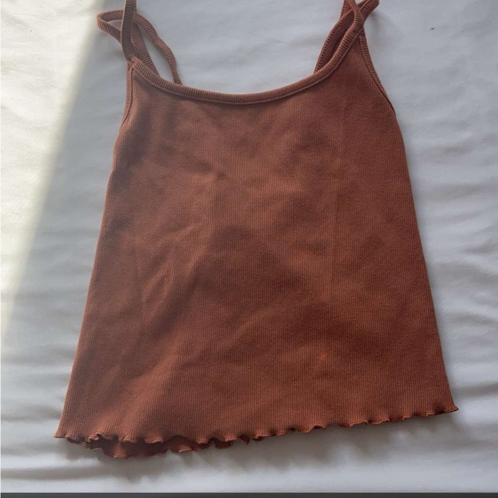 Fitted Brown Camisole Tank Top with Scalloped Hem
